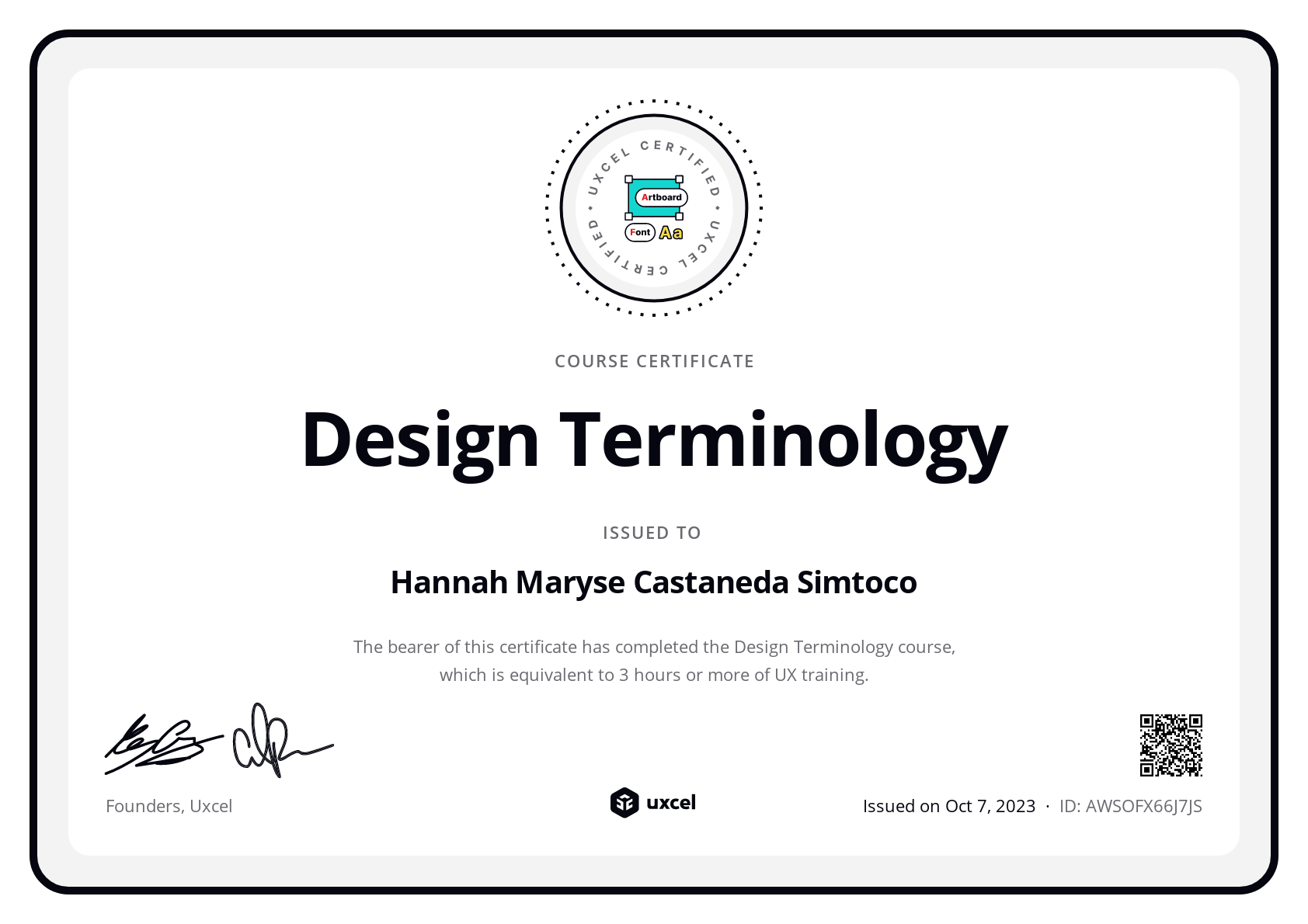 Hannah Maryse Castaneda Simtoco's certificate